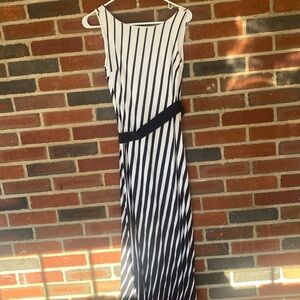 Ann Taylor White/ Black Striped Sleeveless Belted Long Maxi Dress
